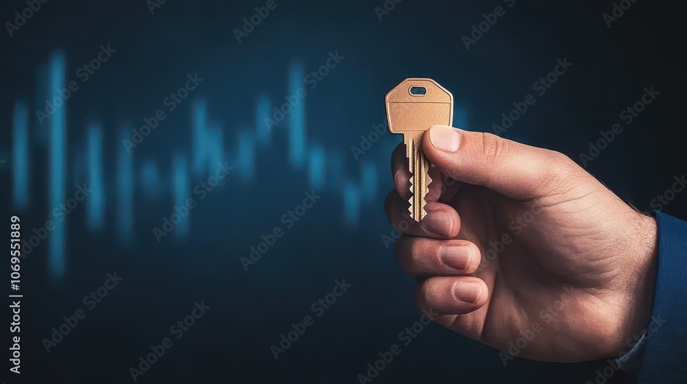 Poster a hand holding a key against a dark background with soundwave patterns, symbolizing security and tec