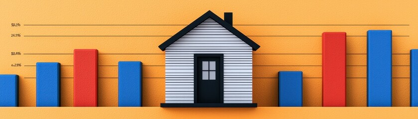 Fototapeta premium A colorful illustration showing a house between rising blue and red bar graphs, representing housing market trends and statistics.