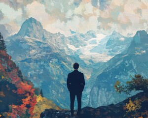 Fototapeta premium Back view of unrecognizable man admiring mountain landscape. Generative AI image