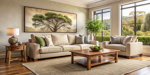 Serene Family Room Featuring a Cream Sofa, Wooden Coffee Table, and Tree Art in a Harmonious Composition with Natural Light and Cozy Atmosphere