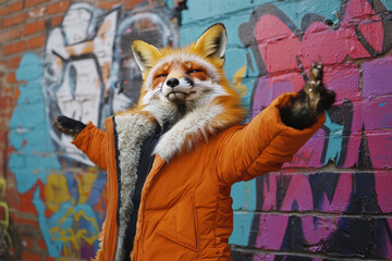 fox wearing thick fur lined coat poses playfully against colorful wall
