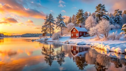 Fototapeta premium Serene Winter Sunset Over a Red Cottage in the Stockholm Archipelago, Surrounded by Snowy Trees and Ice-Covered Lake