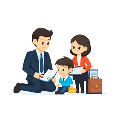 Obraz premium Financial consultant advising family, discussing plans with child. scene captures professional atmosphere with documents, briefcase, and stacks of coins, emphasizing financial literacy