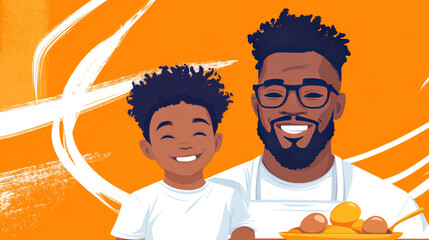 Happy father and son smiling with a plate of eggs.