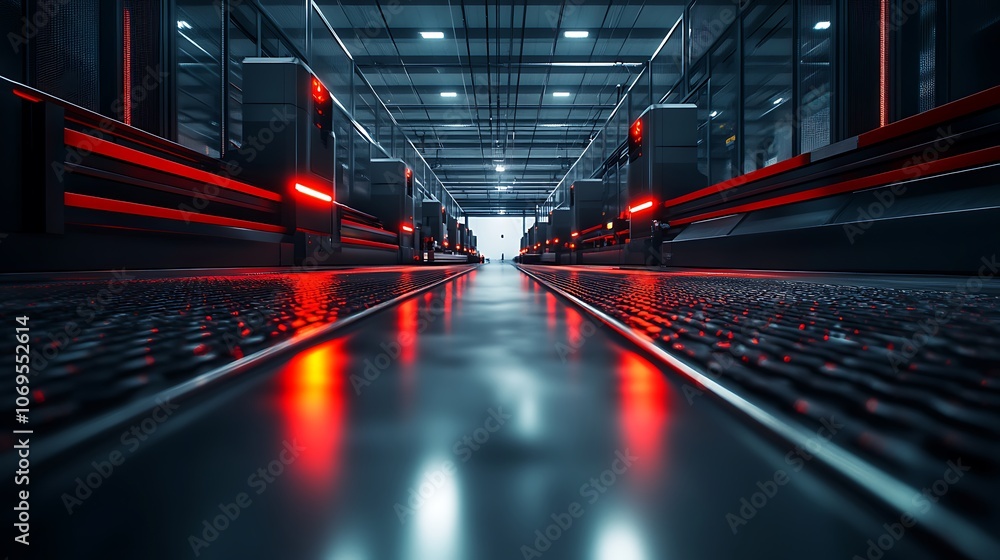 Poster a futuristic industrial corridor illuminated by red lights, featuring sleek surfaces and a high-tech