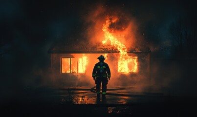 Brave firefighter facing a blazing house fire. Generative AI image