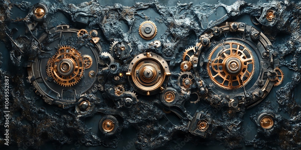 Poster a close-up of intricate metal gears and cogs interlocked on a dark textured surface.