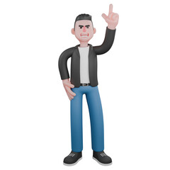 Illustrated 3D Music Character. A male musician is standing with his left hand pointing upwards and his right hand is on his waist. Vocalist