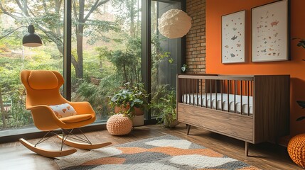 A modern baby room design showcasing a crib alongside a rocking chair for comfort.
