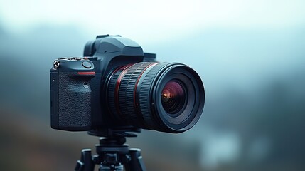 A modern camera mounted on a tripod against a white background, showcasing essential photographer's equipment for creatives.