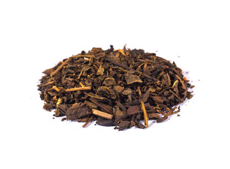 Dried tea leaves isolated on white background. Tea is a caffeinated beverage, an infusion made by...