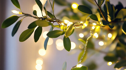 Mistletoe branches beautifully intertwined with fairy lights.