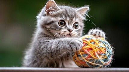 The tiny gray kitten eagerly pounces on the colorful ball of yarn, batting it back and forth with its tiny paws, filled with endless curiosity and delight.