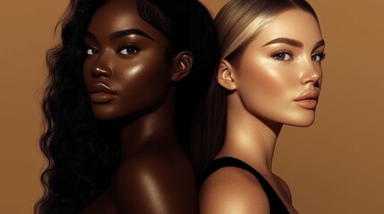 Fototapeta premium Hyperrealistic landscape photo of two beautiful women positioned on a medium brown background, designed for an e-commerce banner with empty space on the right side. 