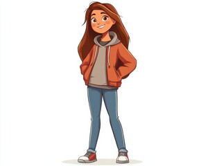 Cartoon illustration of a cute teenage girl standing in casual clothing with her hand in her pocket