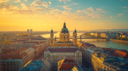 Fototapeta premium A stunning sunset view over a cityscape featuring a prominent dome structure by a river.