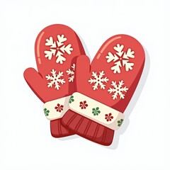 Red knitted mittens with white snowflakes and green details, winter accessory, festive and cozy. Generative, AI,

