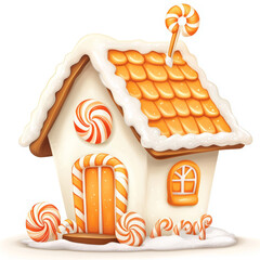 whimsical gingerbread house adorned with candy decorations, featuring snowy roof and vibrant orange accents. This delightful scene evokes sense of holiday cheer and sweetness