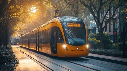 Fototapeta premium A modern tram operates as a vital transportation link within a city, showcasing urban connectivity.