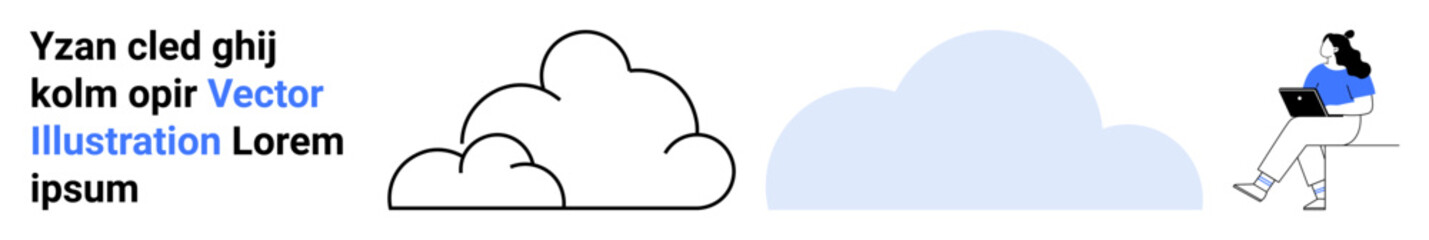 Diverse elements include text supporting minimalist clouds, woman on laptop. Ideal for blogs, technology, web design, online education, cloud computing, remote work, modern design. Landing page