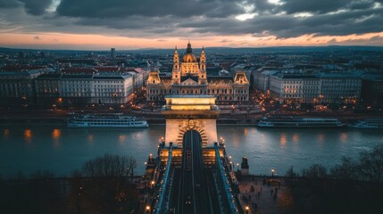 Obraz premium A stunning view of a bridge and cityscape at sunset, showcasing architectural beauty and tranquility.