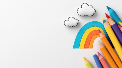 Colorful rainbow of pencils with cloud cutouts on white background