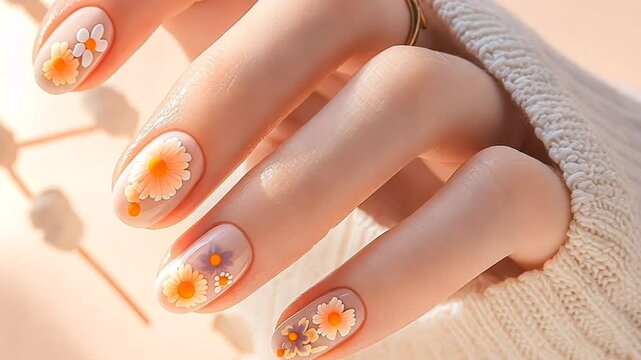 Close-up of a hand with colorful and patterned nail polish