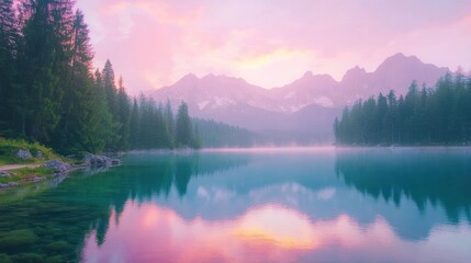 Serene lake reflecting mountains at sunset, surrounded by lush trees and misty atmosphere.