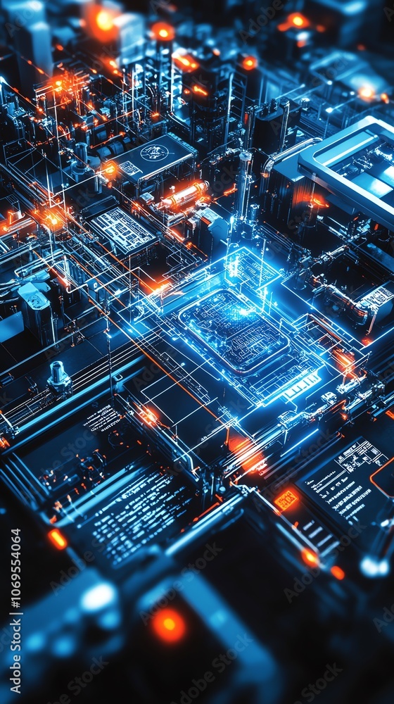 Poster a close-up view of a circuit board with glowing blue and red lights.