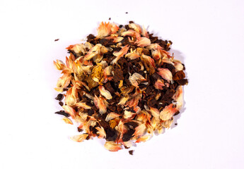 Pile of aromatic herbal tea. Dry herbal tea isolated on a white background. Tea party concept. medicinal herbs.