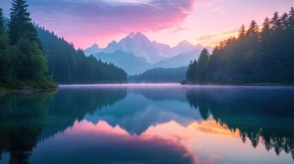 Fototapeta premium Serene mountain landscape at dawn, reflecting on a calm lake with vibrant colors in the sky.