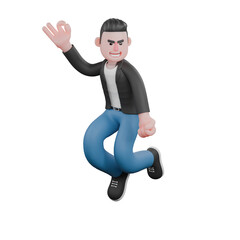 Illustrated 3D Music Character. A male musician is squatting with his right hand raised and giving the OK finger symbol. Musik Star