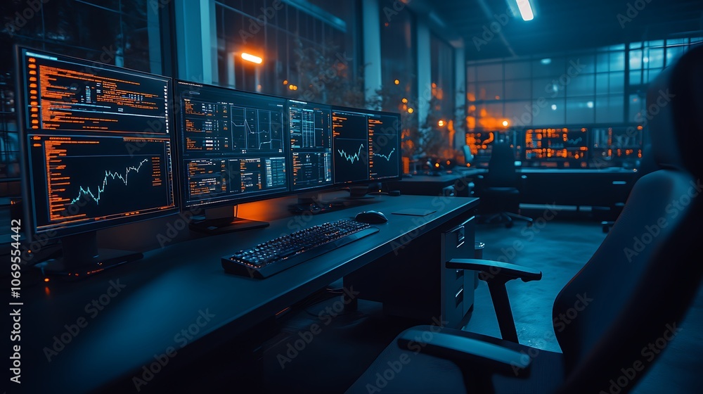Poster A dimly lit control room featuring multiple high-tech monitors displaying vibrant data visualizations.