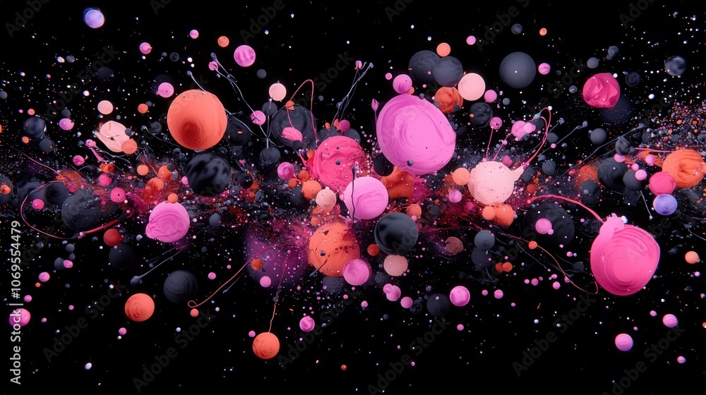 Poster vibrant abstract swirls of colorful spheres in dynamic motion