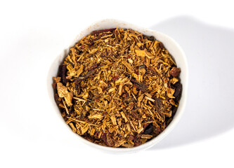 Pile of aromatic herbal tea. Dry herbal tea isolated on a white background. Tea party concept. medicinal herbs.