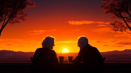 Obraz premium Silhouettes of an older couple enjoying a sunset together.