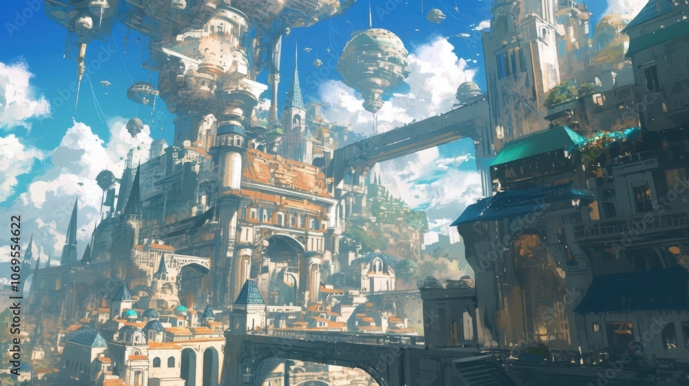 Poster a dreamlike city filled with domed structures that hovered above the ground supported by a network o