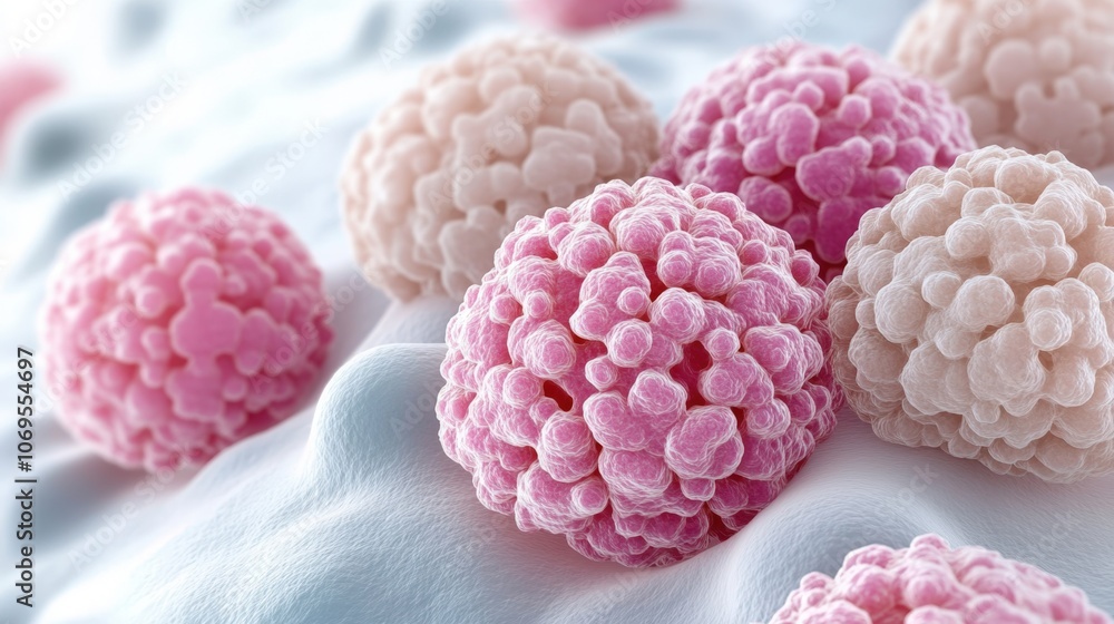 Poster microscopic close-up of cancer cells on a soft surface highlighting cellular complexity