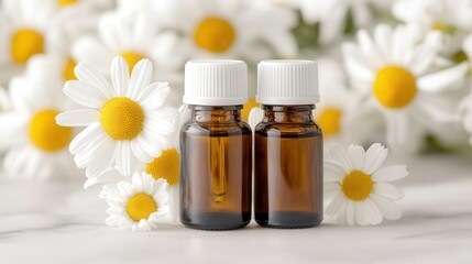 Essential oil bottles with chamomile flowers on marble background