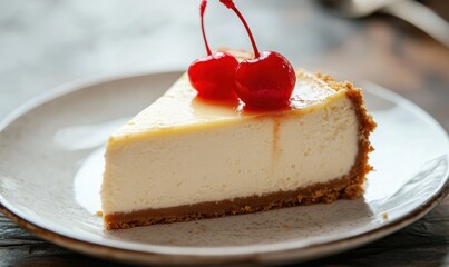 Close-up of a slice of cheesecake garnished with a cherry.