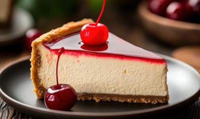 Close-up of a slice of cheesecake garnished with a cherry.