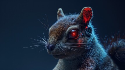 Fototapeta premium Cyborg squirrel with red eyes on dark blue background with copy space, 3d rendering,