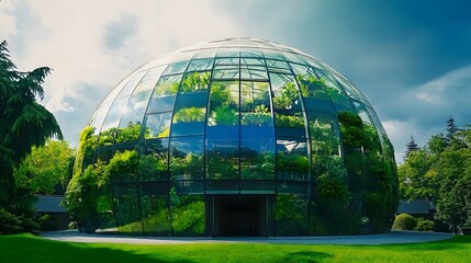 Fototapeta premium Futuristic glass dome structure housing a lush thriving indoor botanical garden The transparent dome allows natural light to flood the space