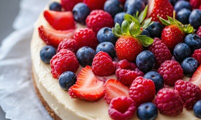 Close-up top view of cheesecake adorned with fresh strawberries, raspberries, and blueberries.