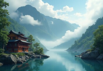 Fototapeta premium Serene Study by Misty Mountain: Children Reading and Playing Near Clear River, Ancient Sites and Famous Waterways - Ethereal Educational Landscape