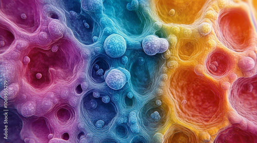 Poster vibrant microscopic view of colorful cells and structures
