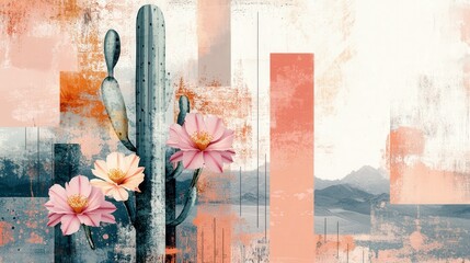 Minimalistic Cactus with Blooming Flowers in Desert Scene