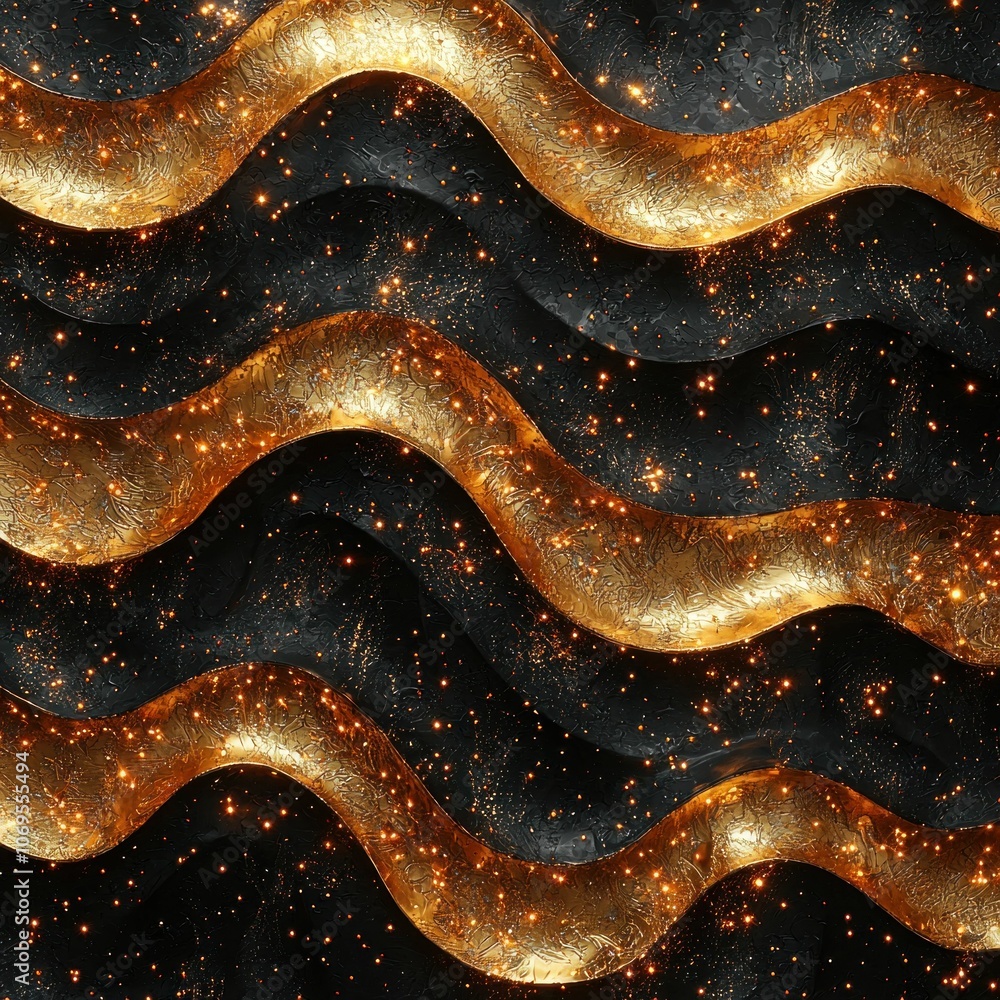 Poster abstract golden waves on a dark starry background, emphasizing elegance and luxury in design soft te