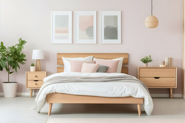 A cozy bedroom with a wooden bed, soft bedding, and decorative plants.