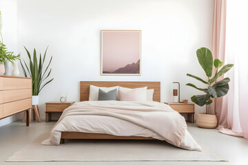 A serene bedroom featuring a wooden bed, soft bedding, and indoor plants for a calming atmosphere.